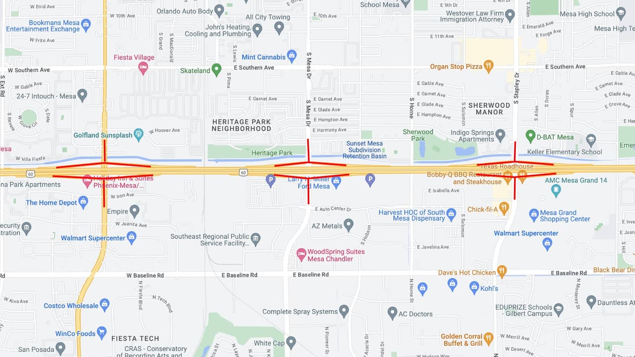<b>US 60</b>
<br>Todas las rampas de entrada y salida de la US 60 en dirección este y oeste en Mesa, Country Club y Stapley Drive en East Valley, estarán cerradas desde las 11:30 p.m. del viernes, hasta las 11:30 p.m. del domingo.
<br>
<br>
<b>Rutas alternas</b>
<br>Considere utilizar otros cruces cercanos, incluidas las carreteras Alma School o Gilbert, para entrar o salir de la US 60.