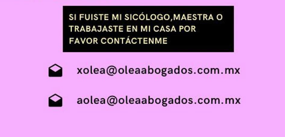 En el comunicado donde Frida confirma que iniciará acciones legales hace una acotación para pedir a maestros, psicólogos o empleados que convivieron con ella que contacten a sus abogados.
<br>