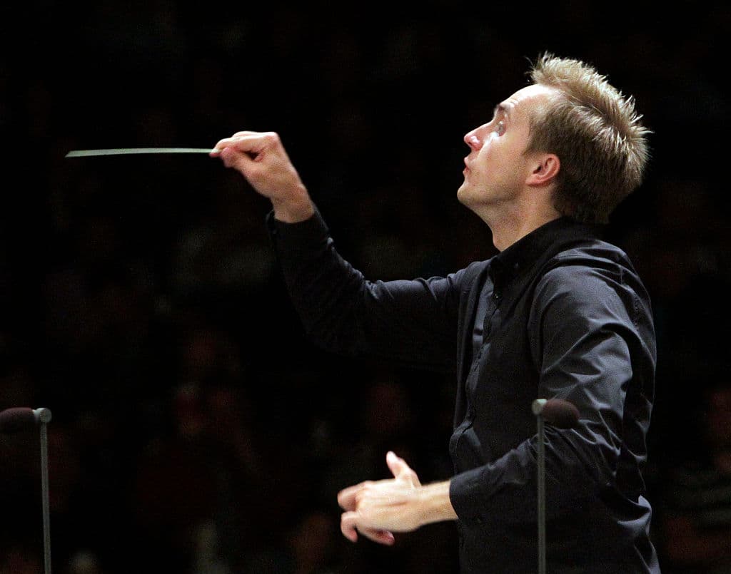 Russian conductor, Vasily Petrenko conducting the Los Angeles Philharmonic performing Dvor.k's Carnival Overture and Sibeliius' Second Symphony at the Hollywood Bowl on Jul. 26, 2011. Also on the program, Ukrainian pianist, Alexander Gavrylyuk performing Tchaikovsky's Piano Concerto @@#1. (Photo by Lawrence K. Ho/Los Angeles Times via Getty Images)