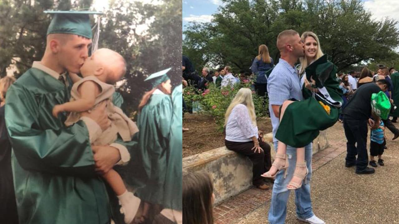 Tori Roach
<a href="https://www.univision.com/local/houston-kxln/fotografias-de-graduacion-de-padre-e-hija-con-18-anos-de-diferencia-se-hacen-virales">publicó</a> en su cuenta de Twitter una fotografía en los brazos de su padre el día que el hombre se graduó y junto coloca la imagen que fue tomada años después cuando ella se graduó de la misma preparatoria ubicada en Huntsville, Texas. Las fotos fueron publicadas en el 2018 y recibieron miles de reacciones, un año después se volvieron virales nuevamente.