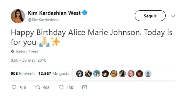 Por su parte la esposa de Kanye West publicó durante la mañana un tweet al respecto de dicha reunión: “Feliz cumpleaños Alice Marie Johnson. Esto es por ti”.