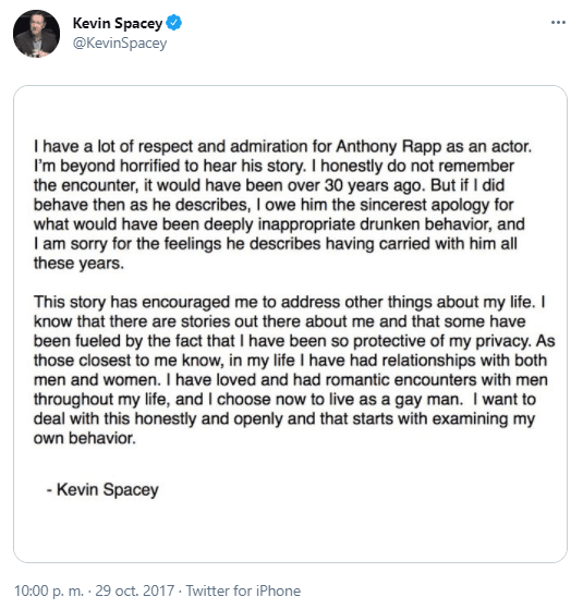 Spacey aún no se ha pronunciado con respecto a su regreso al cine.