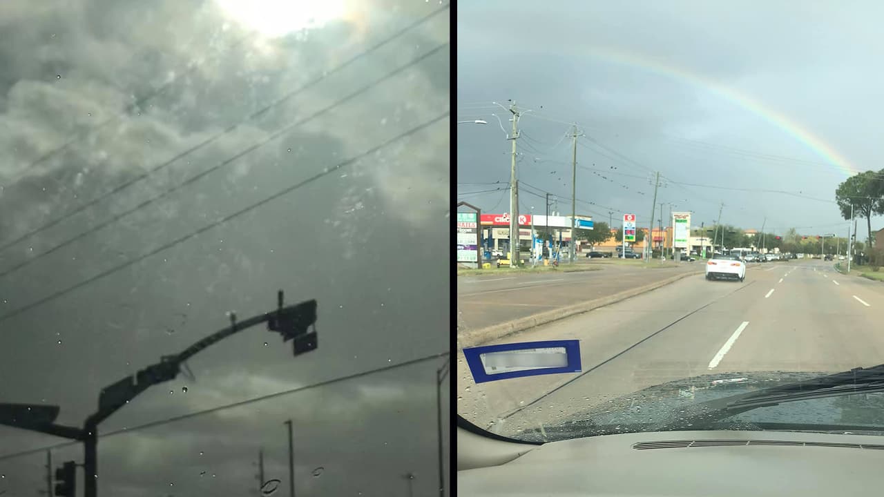 "Buenas tardes grupo Beechnut y Beltway 8 de un lado lluvia fuerte y del otro el arcoíris 🌈 tenemos un clima bien bipolar 😅 que tengan una buena tarde", señala Jenny Edith Larrga.