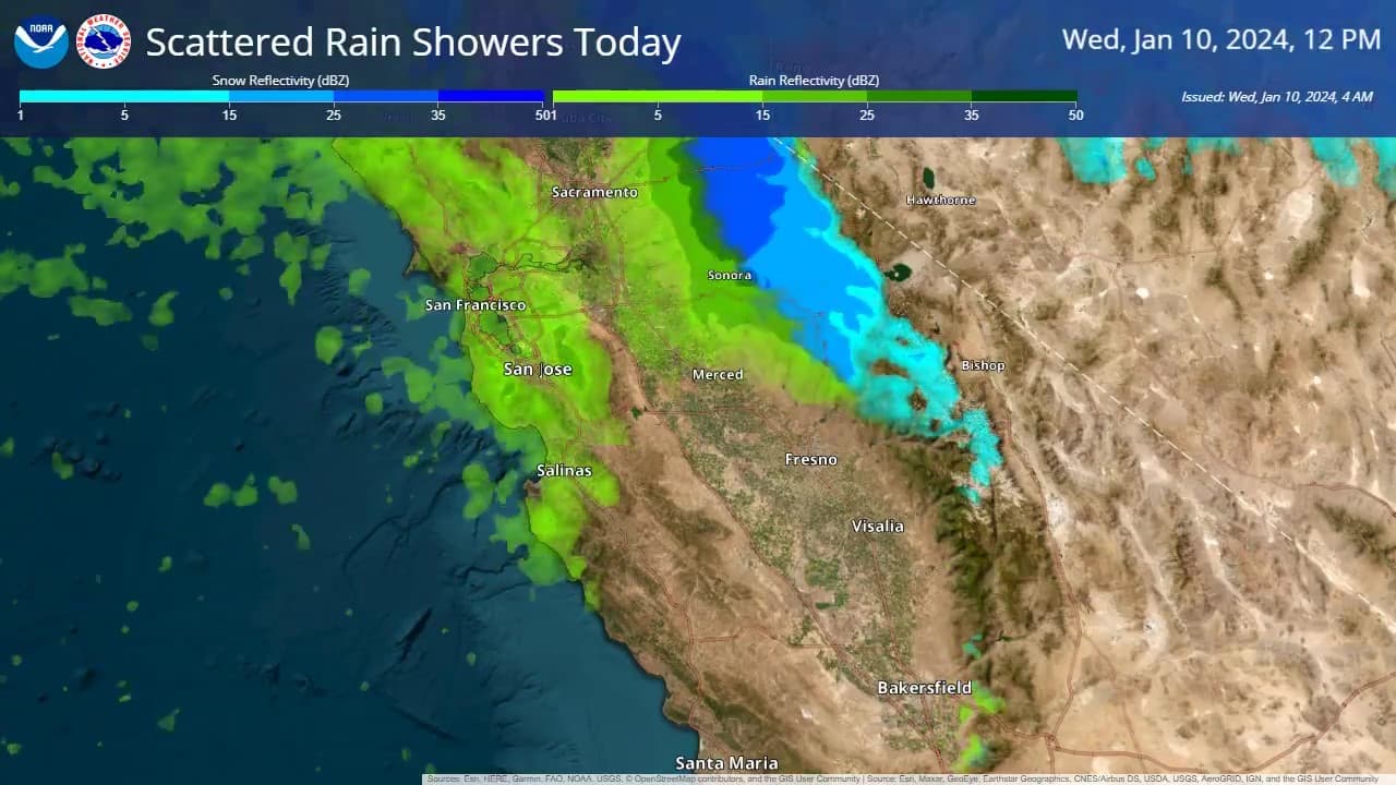 Debido a la martea alta, se recomienda evitar circular por el área costera y asegurar los vehículos en lugares altos para prevenir daños.
<br>
<br>Para el mediodía, las lluvias abarcan toda el área de la Bahía y costa central de California. Hay presencia de nieve en la zona Este de California.