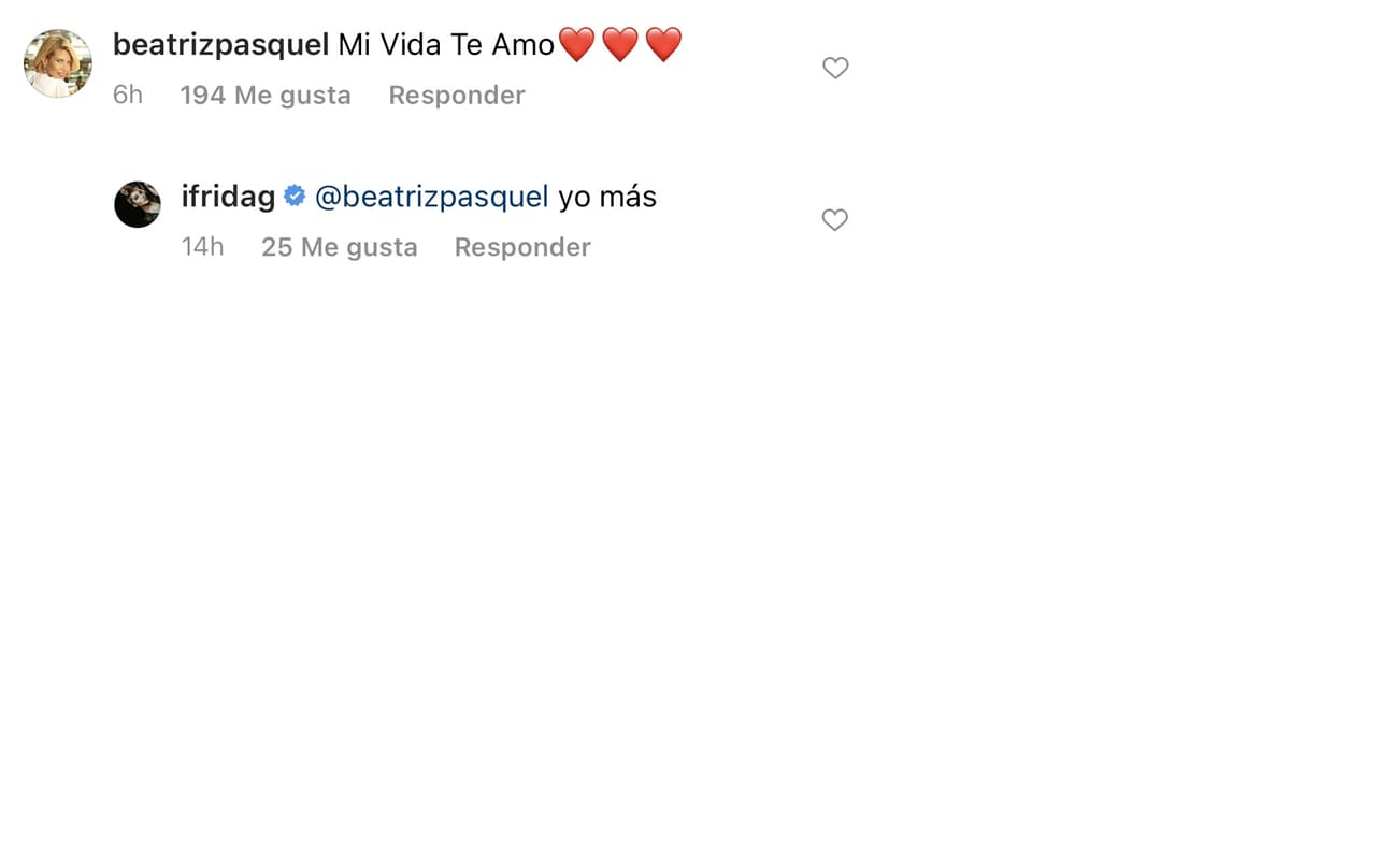 En los comentarios de la cuenta de la joven de 29 años, Pasquel le dejó 
<b><a href="https://www.instagram.com/p/CN5pzBIszXQ/" target="_blank">este amoroso mensaje</a></b>, el cual Frida Sofía respondió de la misma manera. 
<br>