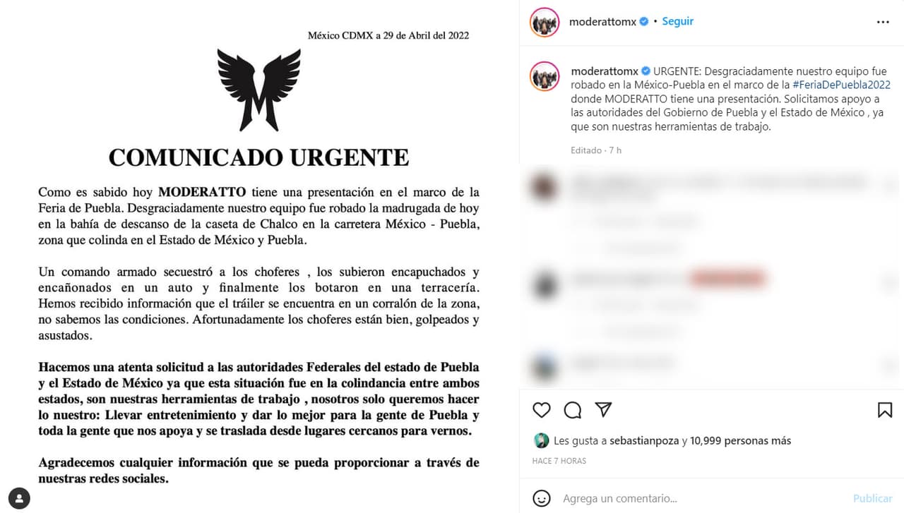 Moderatto informa que el camión que transportaba sus instrumentos y equipo técnico fue robado.