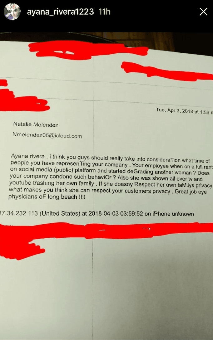 Ayana Rivera mostró un correo electrónico que nmelendez06@cloud.com envió a su trabajo, solicitando que reconsideraran emplearla a raíz de las peleas públicas que había sostenido con sus familiares.