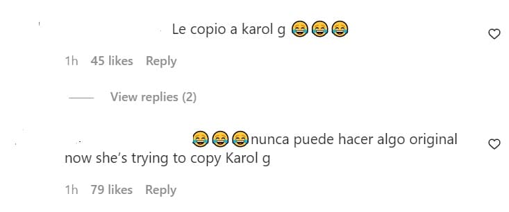 Las instantáneas también provocaron críticas para la cantante, pues para algunos intentó hacer una "copia" a unas fotos similares que publicó Karol G el pasado 17 de febrero. 
<br>