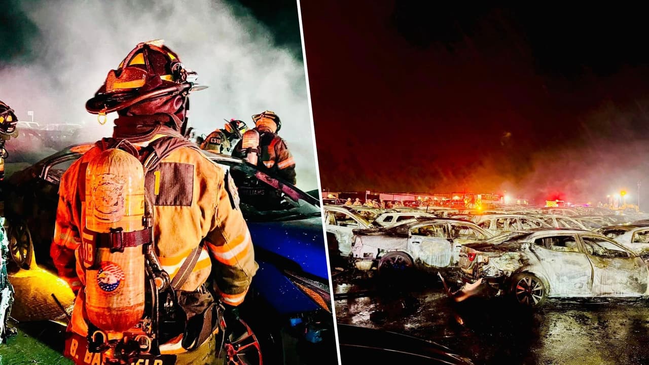 Fuerte incendio en un lote de subastas acaba con 58 autos en Denton 