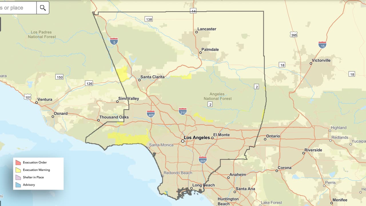 Mapa de zonas bajo advertencia de evacuación en el condado de Los Ángeles.