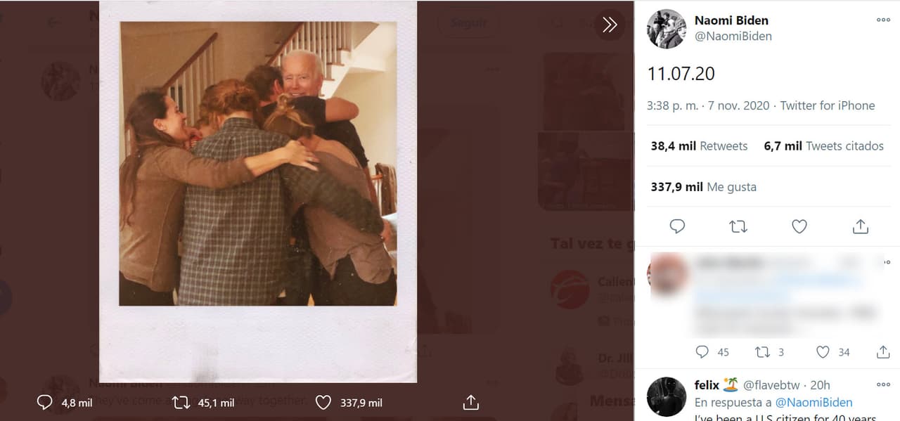 Entre toda la vorágine de información resaltó esta foto. En ella aparece Joe Biden junto a su esposa Jill y algunos de sus nietos. Se trató de 
<b><a href="https://twitter.com/NaomiBiden/status/1325190941058113536/photo/1" target="_blank">la primera imagen que se conoció</a></b> del ahora mandatario electo tras enterarse de la noticia. 
<br>