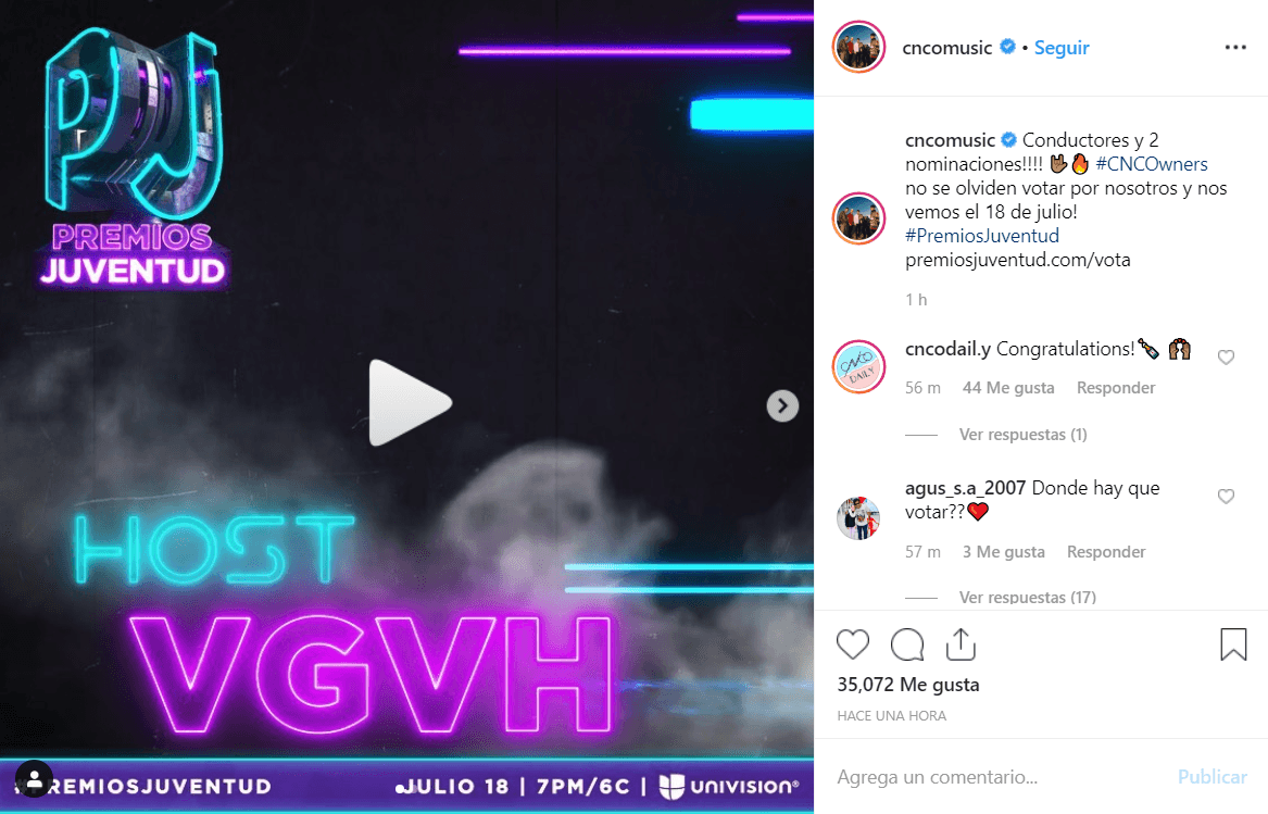 Pero CNCO no sólo celebró que serán los host del evento, los integrantes del grupo juvenil también festejaron haber sido nominados en dos categorías: por ser artistas que salieron de un reality show y hoy son estrellas en Reality Show Break-Out Artist (Del Reality al Stage) y por el baile de sus videos que no puedes dejar de imitar en Sick Dance Routine (Coreografías que me Matan).