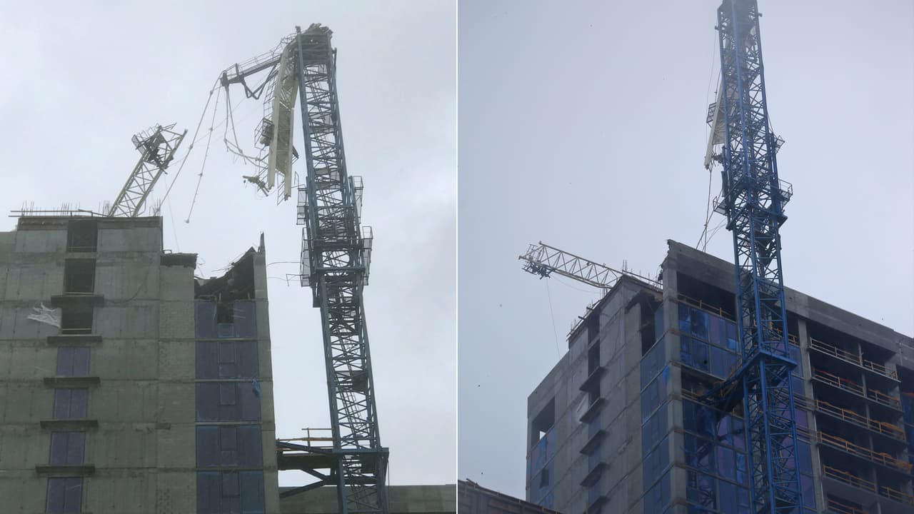 Los fuertes vientos del huracán Irma hicieron colapsar una grúa de construcción de un rascacielos en downtown Miami, en la mañana del domingo 10 de septiembre.
