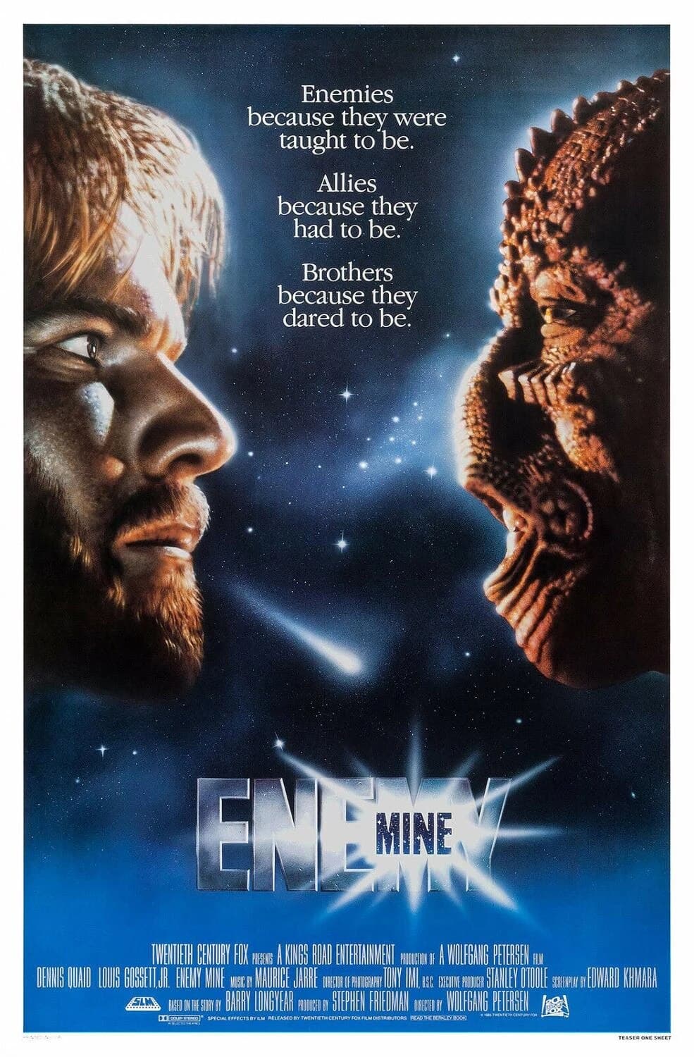 Enemy Mine (1985) - Enemigos por instinto, amigos por necesidad, un humano y un alienígena con aspecto de reptil libran en un planeta hostil una dura batalla, parte de la salvaje guerra que enfrenta a la Tierra con el planeta Dracon, habitado por seres monstruosos.
<br>
