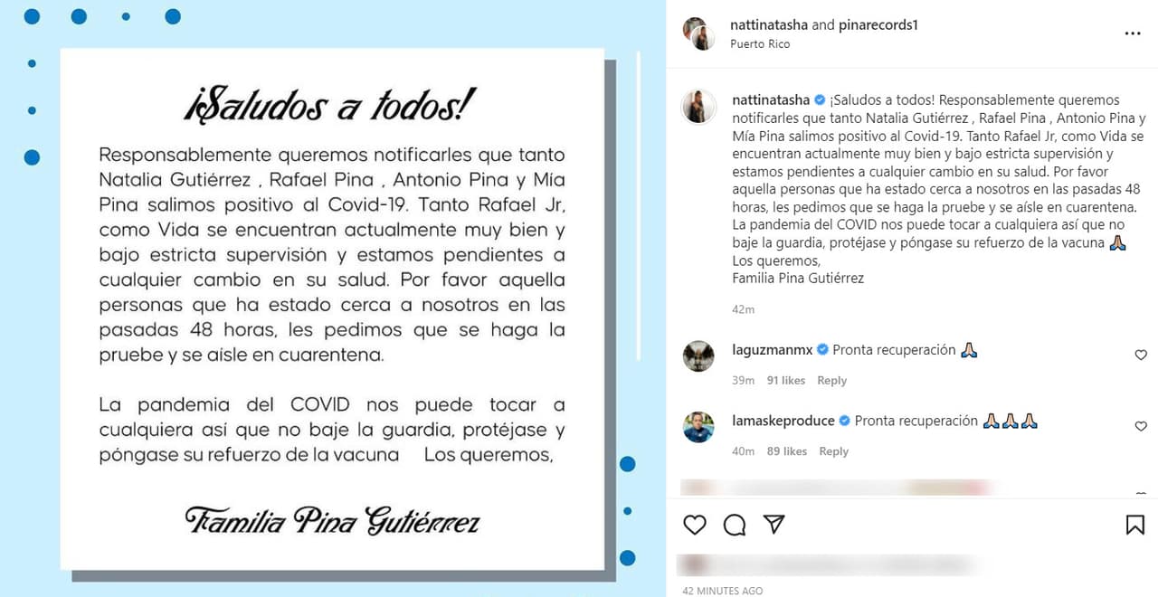Natti Natasha, Raphy Pina y dos de sus hijos dan positivos a covid-19.