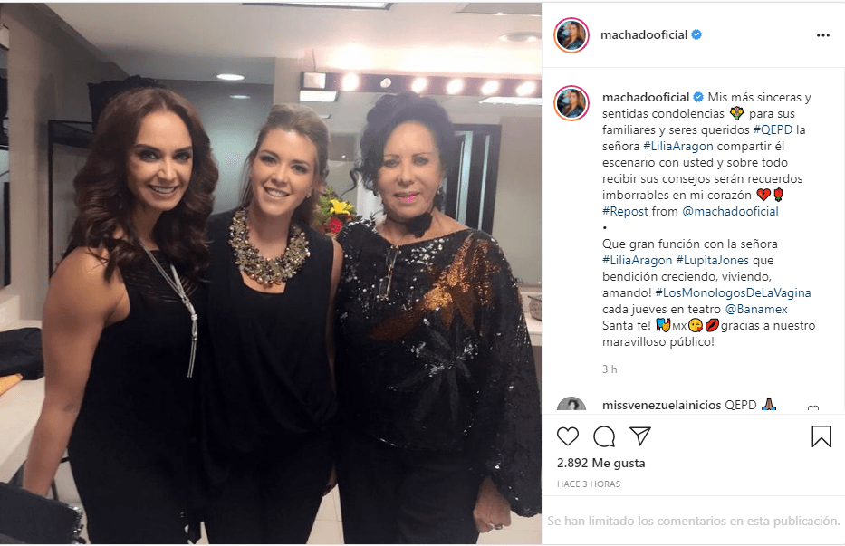 <b>Alicia Machado</b> la recordó con una fotografía junto a Lupita Jones cuando compartieron escenario en la obra 'Los monólogos de la vagina'. La venezolana expresó su admiración y agradeció por los consejos que le dio.