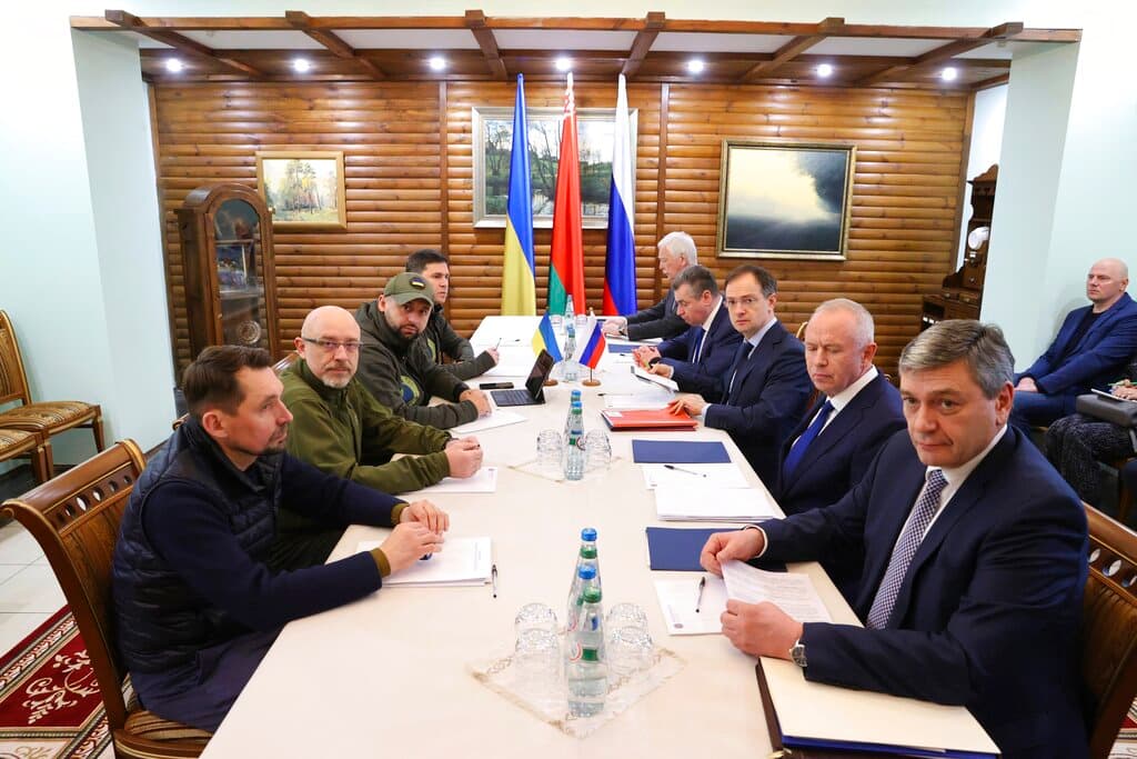 Senior Ukrainian and Russian officials attend talks in the Belavezhskaya Pushcha National Park, close to the Polish-Belarusian border, March 7, 2022.