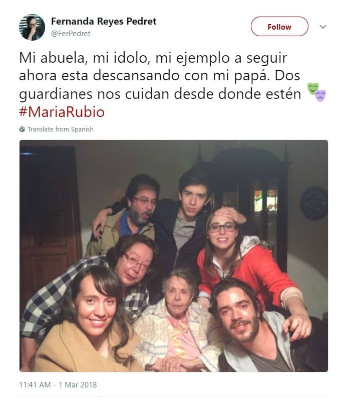 Su nieta,
<b>Fernanda Reyes Pedret,</b> aseguró a través de Twitter que ahora su abuela descansa junto a su papá
<b>Claudio Reyes</b>. El hijo de la artista falleció hace cuatro meses en un accidente automovilístico, un golpe que empañó de tristeza sus últimos días.