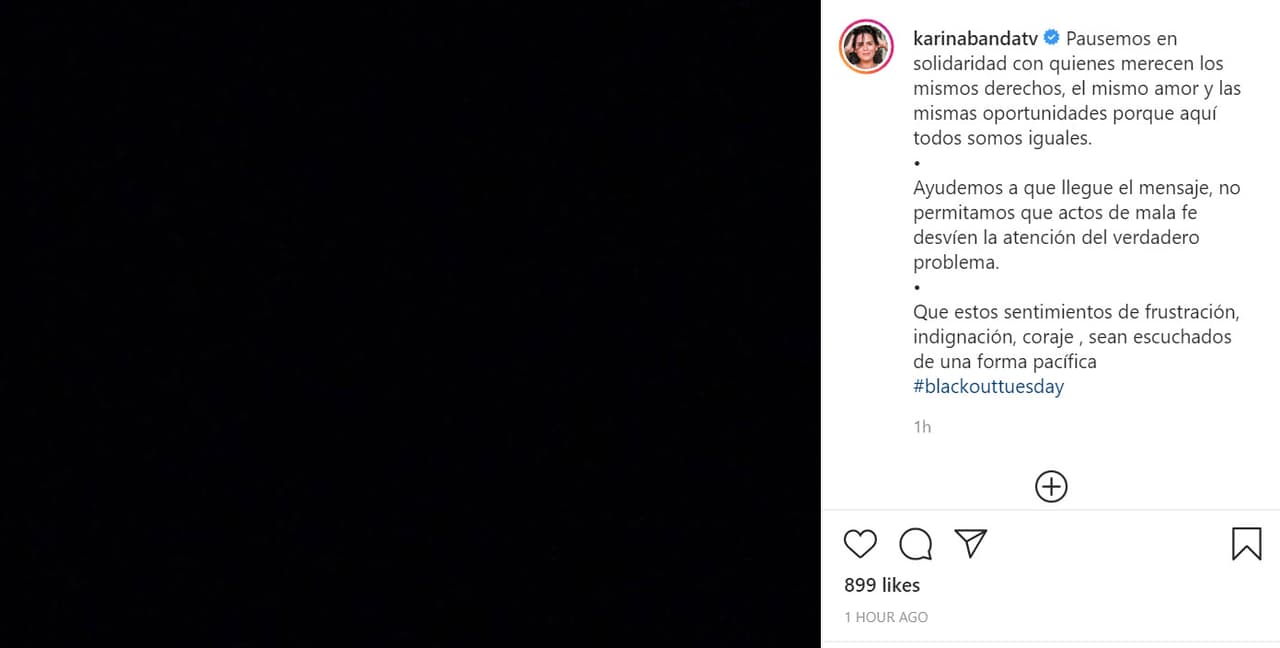 <b><a href="https://www.instagram.com/p/CA7u_0apF74/" target="_blank">Karina Banda</a></b> también decidió apagar su cuenta de Instagram: "Pausemos en solidaridad con quienes merecen los mismos derechos, el mismo amor y las mismas oportunidades porque aquí todos somos iguales".