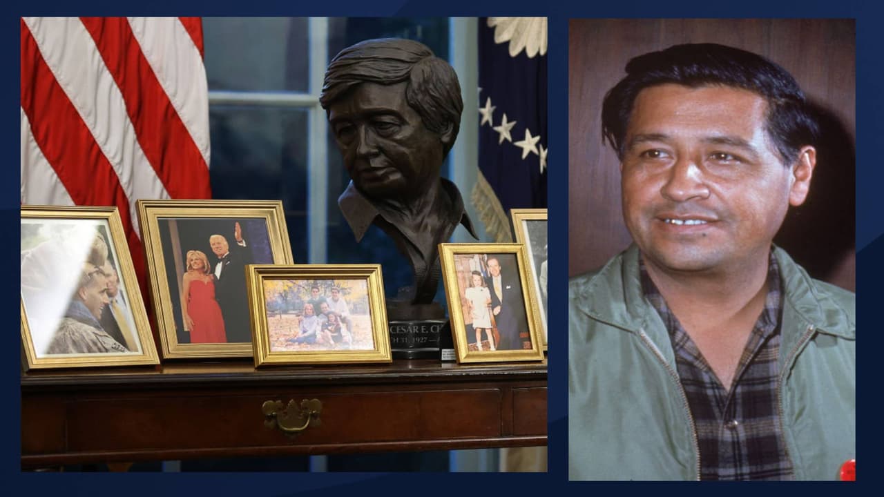 Ubicado al lado de unas fotografías en donde aparece con su esposa Jill Biden y sus hijos, está el busto de César Chávez. 
<br>