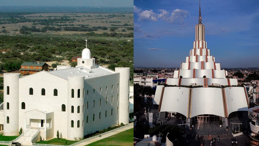 Templos de la secta fundamentalista mormona (izquierda) y de La Luz del Mundo.