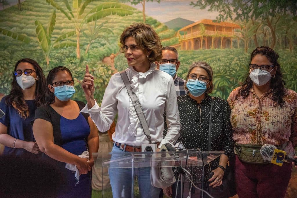 Cristiana Chamorro, former director of the Violeta Barrios de Chamorro Foundation and pre-presidential candidate, gives a press conference after the detention of two of her former employees by the national police and their retention for 90 days for alleged laundering of assets, in Managua on May 31, 2021.