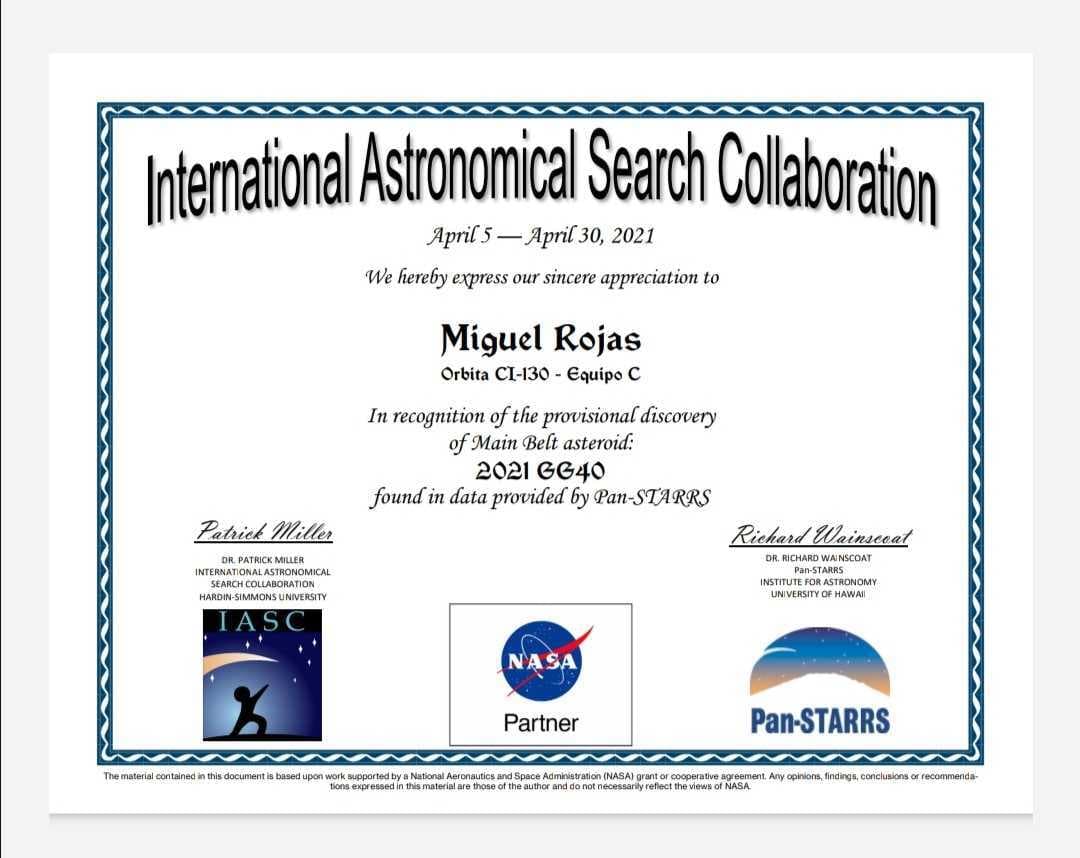 El certificado que recibió Miguel por parte de la NASA, el laboratorio espacial Pan-STARRS y la IASC.
