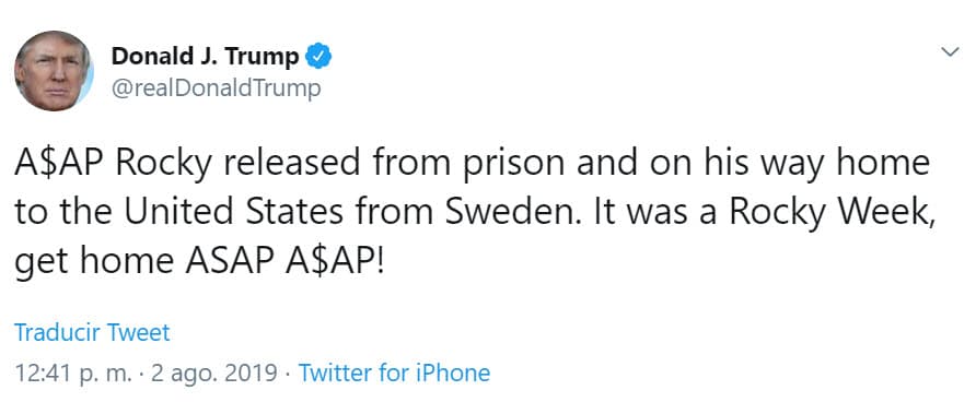 El presidete de los Estados Unidos, Donald Trump, celebró en Twitter la liberación del rapero con un mensaje: "A$AP Rocky liberado de la cárcel y está camino a casa en los Estados Unidos desde Suecia. Fue una semana 'rocosa' (en alusión al nombre del rapero), ¡llega a casa ASAP (abreviatura para: lo antes posible) A$AP!".