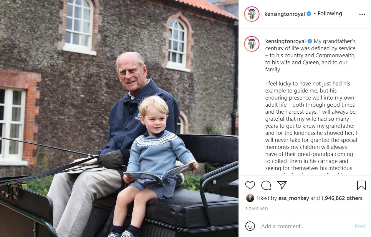 El mensaje del duque de Cambridge va acompañado de una fotografía que tomó Kate Middleton en donde el príncipe Louis se muestra divertido con su bisabuelo.
<br>
