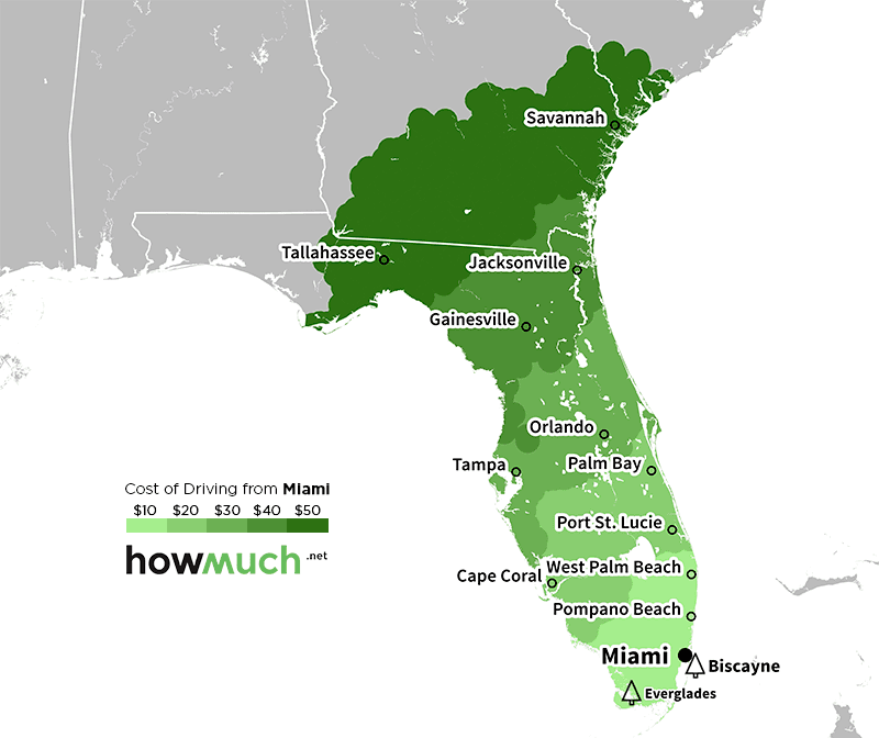 Mapa que muestra el costo de conducir desde Miami.