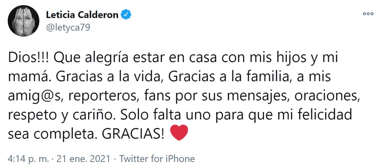Aunque en ese momento no dio más detalles, mencionó que no todos los contagiados fueron dados de alta: "
<b>Solo falta uno para que mi felicidad sea completa</b>. ¡Gracias!".
<br>
