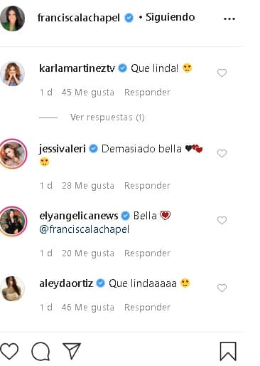 Los comentarios de sus amigos y fans no faltaron en dicha publicación, entre ellos los de Karla Martínez, Jessi Rodríguez, Elyangelica González y Aleyda Ortiz. Todas le dijeron lo bella que lució en la foto.