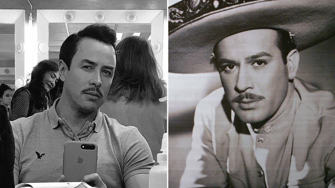 Antes de grabar sus escenas se somete a un breve proceso de caracterización: "Pos a grabar pues... #SilviaPinalBioSerie".