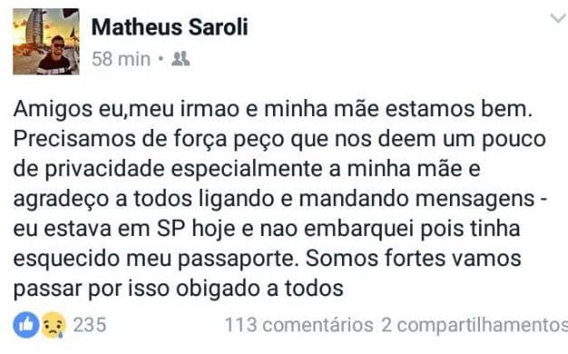 Mensaje de Matheus Saroli en su cuenta de Facebook.
