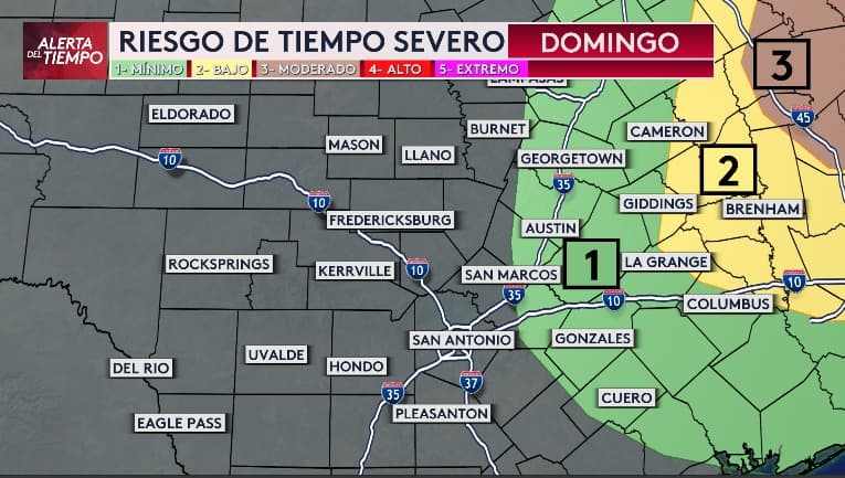 El riesgo de condiciones meteorológicas severas varía de nivel 1 a nivel 3 en Texas, desde Austin hasta Brenham, y hacia el norte.