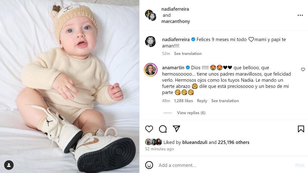 Nadia Ferrera y Marc Anthony muestran el rostro de su bebé por primera vez.