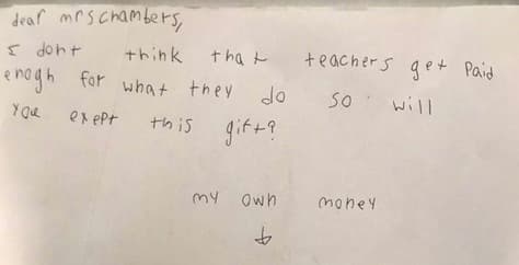 El mensaje que Parker Williams que escribió a su maestra.
<br>