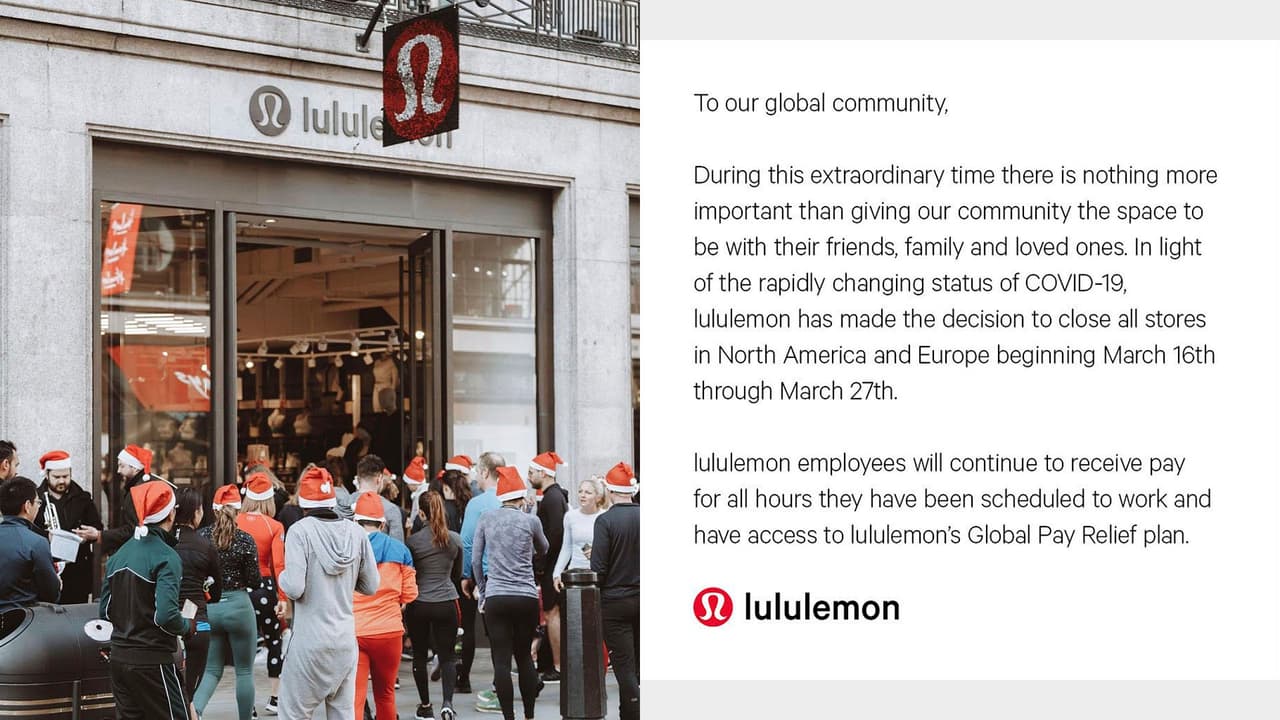 Lululemon mantendrá cerradas sus tiendas en Norte América y Europa hasta el 27 de marzo, pero les seguirá pagando a sus empleados según lo acordado.