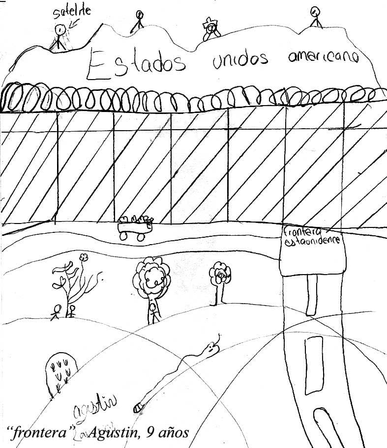 En los dibujos como el de Agustín, de 9 años, no falta la representación de la frontera entre Estados Unidos y México.