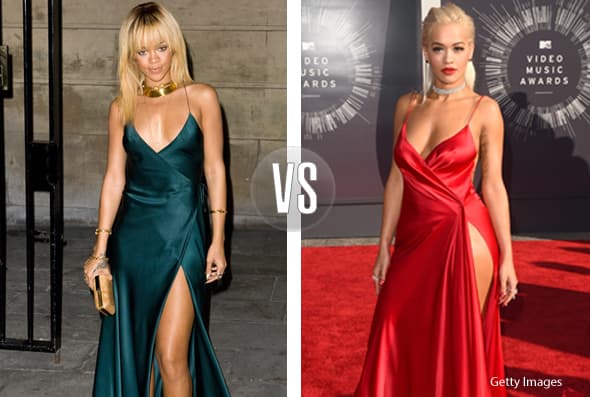 Rihanna usó este modelito en verde y dos años después Rita Ora lo lució en rojo. ¿Pero a quién le queda mejor?