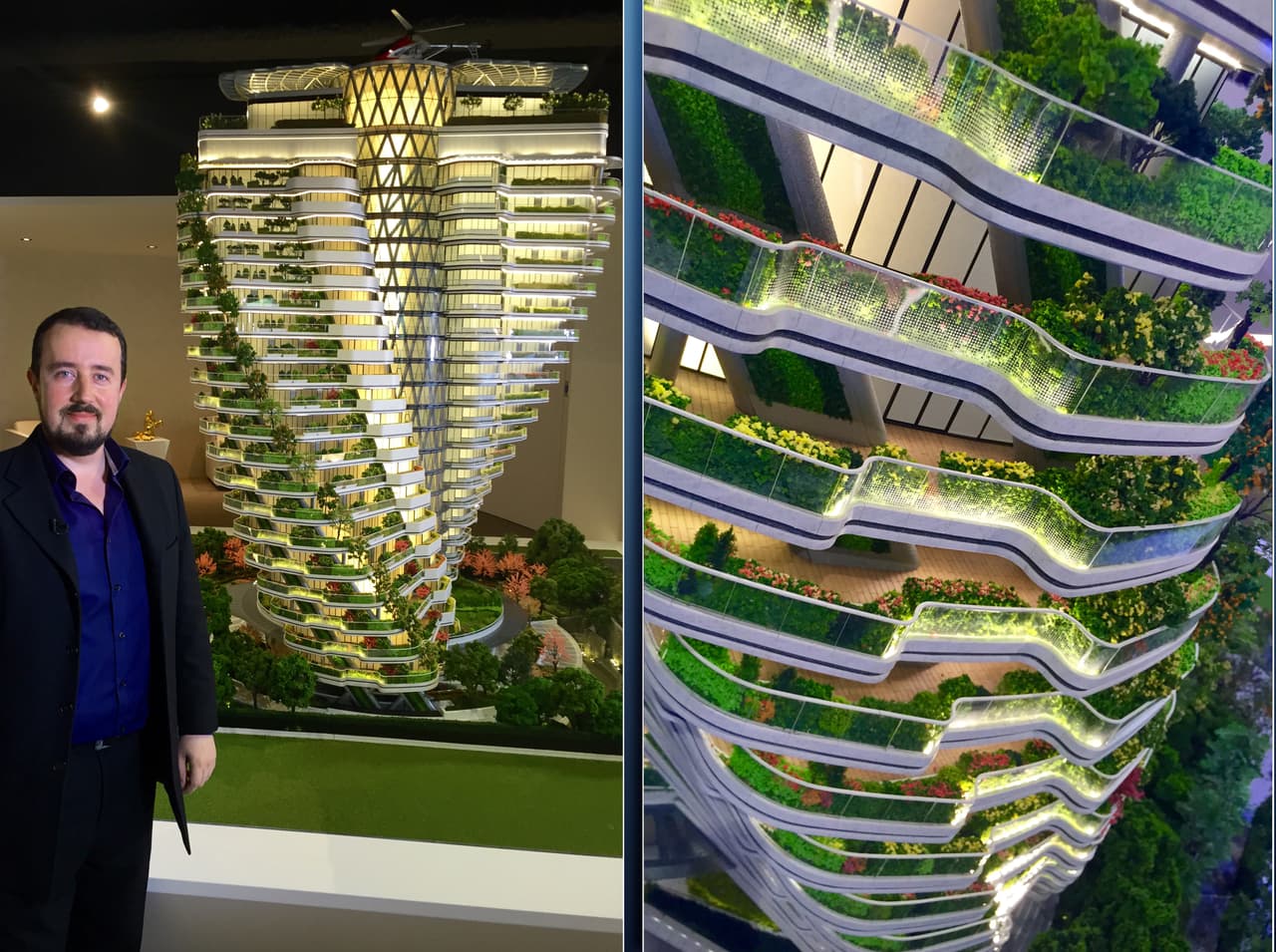 Según Callebaut, este edificio no es una torre única, ni dos torres gemelas, sino dos torres helicoidales que se alzan alrededor de un núcleo central.