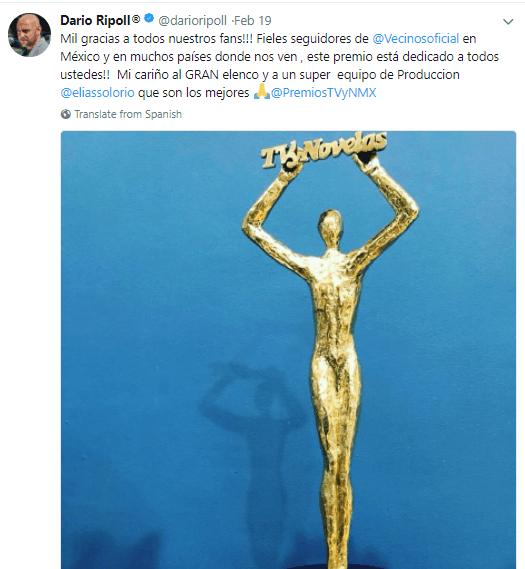 El bipolar del edificio interpretado por el actor Darío Ripoll utilizó su cuenta de Twitter para agradecer el apoyo a todos los fans de Vecinos.