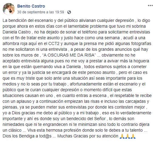 En su mensaje, el también actor lamentó que los medios de comunicación lo pusieran al centro de una noticia que no tiene nada que ver con su carrera. Este es el mensaje íntegro del también cantante Benito Castro.
