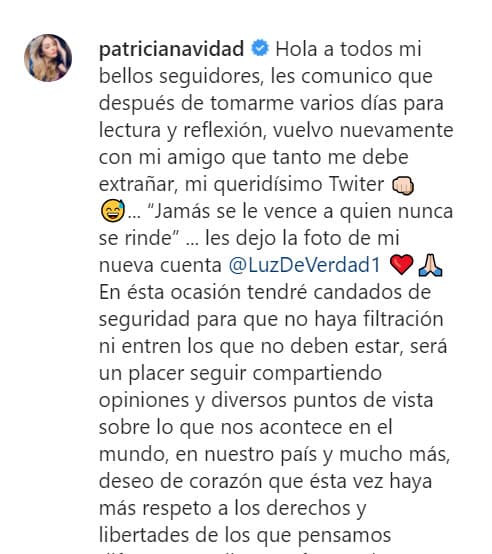 Esta vez, ya no lleva su nombre o alguna alusión a ella y, según dijo,
<b><a href="https://www.instagram.com/p/CKsIHUAHEal/" target="_blank">tiene "candados de seguridad"</a></b> para evitar que sea suspendida como sucedió anteriormente.
<br>