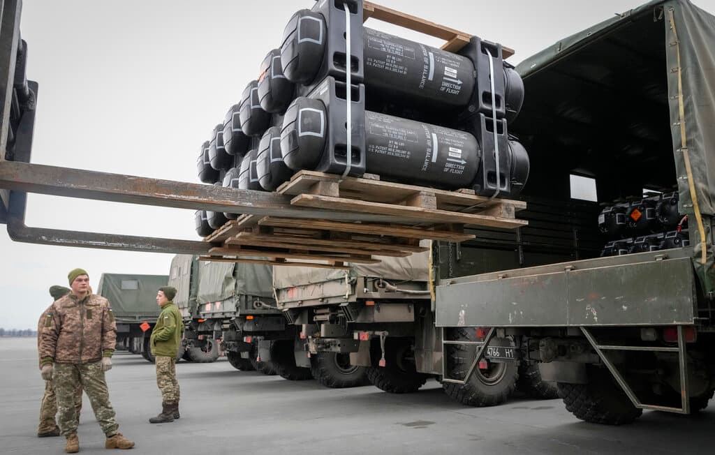 The White House announced this week it is sending an extra 2,000 Javelin anti-tank systems to Ukraine. In this photo: aircraft Ukrainian servicemen load Javelin anti-tank missiles, previously delivered as part of the U.S. security assistance to Ukraine, into a military trucks at the Boryspil airport, outside Kyiv, Ukraine, Friday, Feb. 11, 2022.