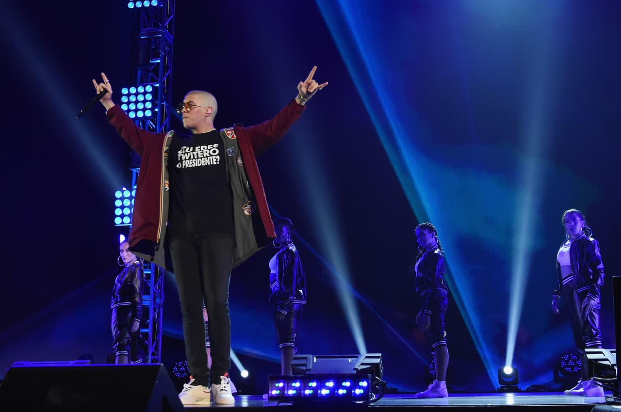 MIAMI, FL - OCTOBER 14: In this handout photo provided by One Voice: Somos Live!, Bad Bunny performs onstage at One Voice: Somos Live! A Concert For Disaster Relief at Marlins Park on October 14, 2017 in Miami, Florida. (Photo by Rick Diamond/One Voice: Somos Live!/Getty Images)
