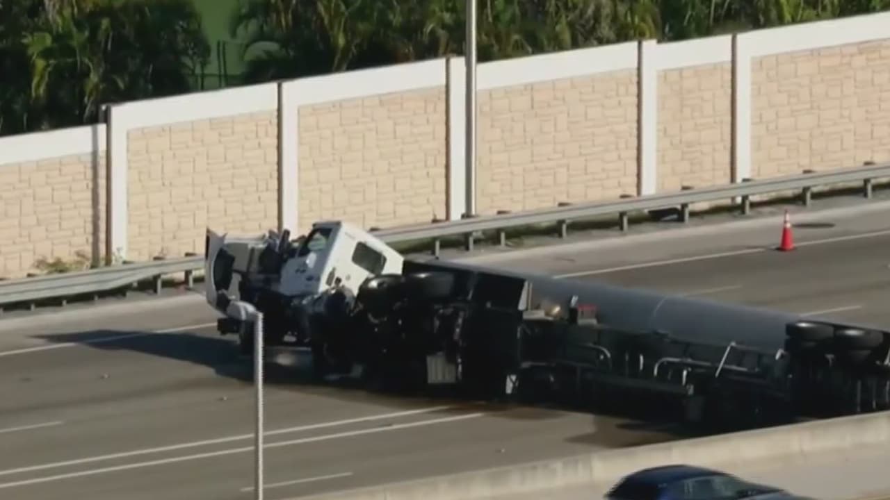 Revelan el video del momento en el que un camión cisterna se vuelca en la autopista Turnpike