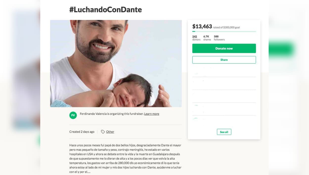 Luego, el 1 de julio, amigos a nombre de Valencia activaron una 
<b><a href="https://www.gofundme.com/f/luchandocondante" target="_blank">cuenta en Go Fund Me </a></b>para recabar fondos y ayudar a que Ferdinando y su esposa puedan solventar los altos costos que ha implicado esta nueva hospitalización. Se requieren por lo menos 
<b><a href="https://www.univision.com/famosos/piden-ayuda-para-ferdinando-valencia-porque-necesita-300-mil-dolares-para-salvar-a-su-bebe-dante-fotos" target="_blank">300 mil dólares</a></b>. 
<br>
