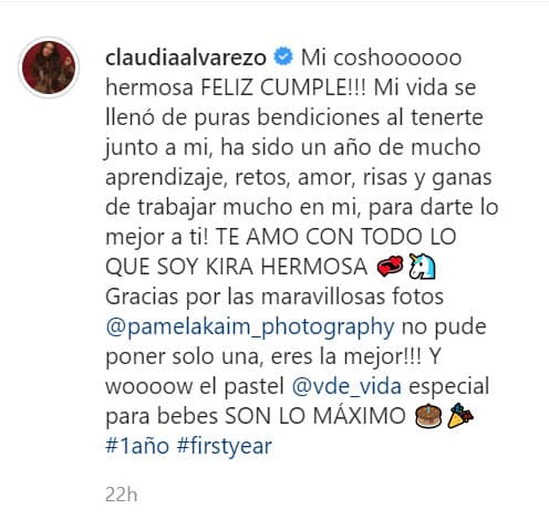 "Mi 'cosho' hermosa, ¡feliz cumple! ¡
<b><a href="https://www.instagram.com/p/CJRRBB7p7pU/" target="_blank">Mi vida se llenó de puras bendiciones al tenerte junto a mi</a></b>, ha sido un año de mucho aprendizaje, retos, amor, risas y ganas de trabajar mucho en mí para darte lo mejor a ti!", escribió Claudia Álvarez. 
<br>