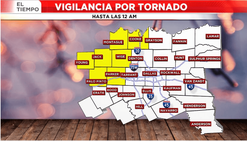 Vigilancia por tornado hasta las 12 am para varios condados del norte de Texas 